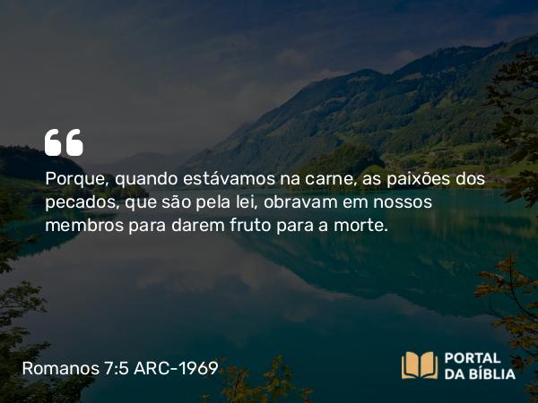 Romanos 7:5 ARC-1969 - Porque, quando estávamos na carne, as paixões dos pecados, que são pela lei, obravam em nossos membros para darem fruto para a morte.