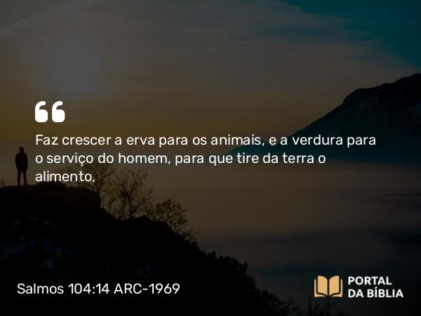 Salmos 104:14 ARC-1969 - Faz crescer a erva para os animais, e a verdura para o serviço do homem, para que tire da terra o alimento,