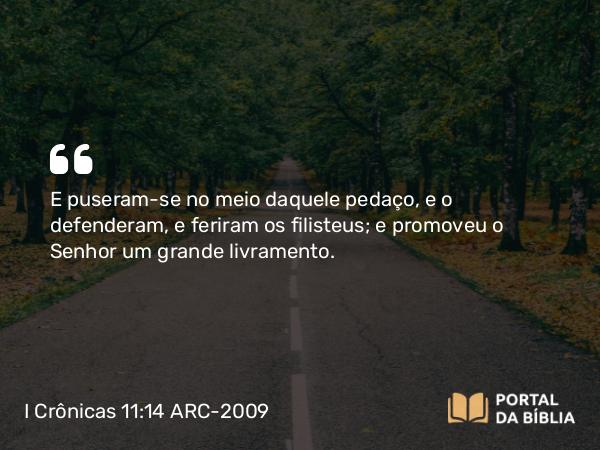 I Crônicas 11:14 ARC-2009 - E puseram-se no meio daquele pedaço, e o defenderam, e feriram os filisteus; e promoveu o Senhor um grande livramento.