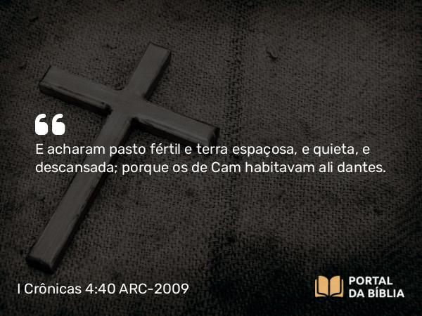 I Crônicas 4:40 ARC-2009 - E acharam pasto fértil e terra espaçosa, e quieta, e descansada; porque os de Cam habitavam ali dantes.