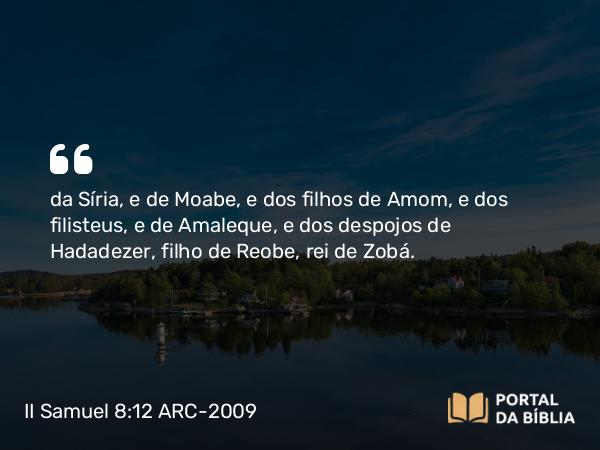 II Samuel 8:12 ARC-2009 - da Síria, e de Moabe, e dos filhos de Amom, e dos filisteus, e de Amaleque, e dos despojos de Hadadezer, filho de Reobe, rei de Zobá.