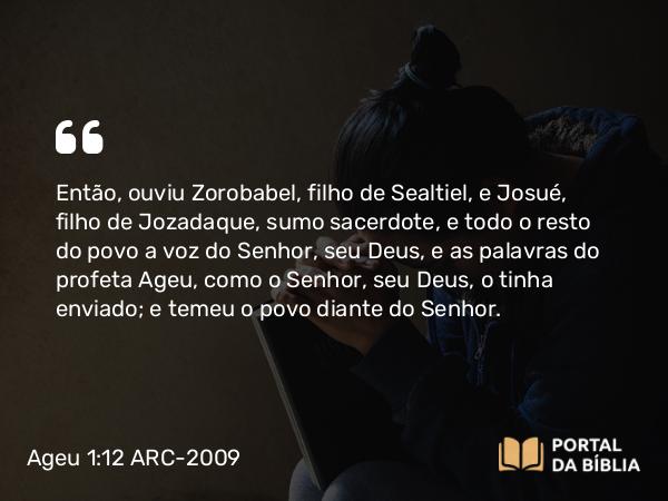 Ageu 1:12 ARC-2009 - Então, ouviu Zorobabel, filho de Sealtiel, e Josué, filho de Jozadaque, sumo sacerdote, e todo o resto do povo a voz do Senhor, seu Deus, e as palavras do profeta Ageu, como o Senhor, seu Deus, o tinha enviado; e temeu o povo diante do Senhor.