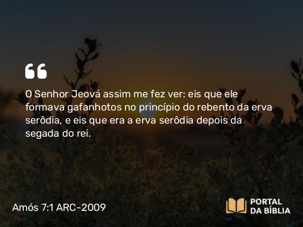 Amós 7:1 ARC-2009 - O Senhor Jeová assim me fez ver: eis que ele formava gafanhotos no princípio do rebento da erva serôdia, e eis que era a erva serôdia depois da segada do rei.