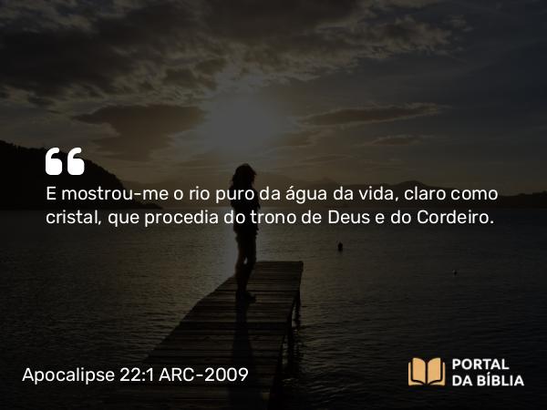 Apocalipse 22:1-2 ARC-2009 - E mostrou-me o rio puro da água da vida, claro como cristal, que procedia do trono de Deus e do Cordeiro.