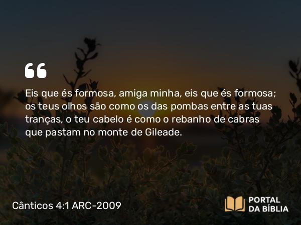 Cânticos 4:1 ARC-2009 - Eis que és formosa, amiga minha, eis que és formosa; os teus olhos são como os das pombas entre as tuas tranças, o teu cabelo é como o rebanho de cabras que pastam no monte de Gileade.