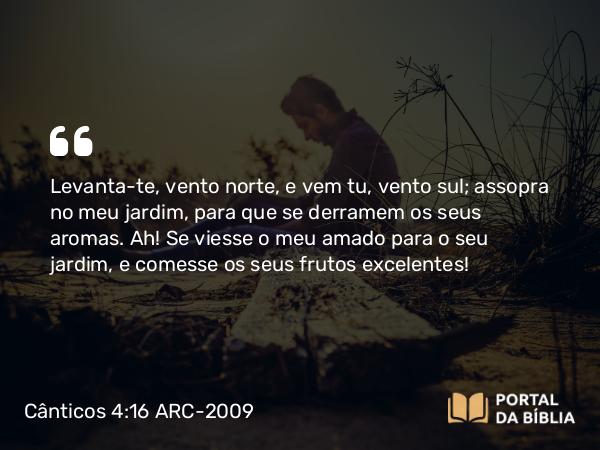 Cânticos 4:16 ARC-2009 - Levanta-te, vento norte, e vem tu, vento sul; assopra no meu jardim, para que se derramem os seus aromas. Ah! Se viesse o meu amado para o seu jardim, e comesse os seus frutos excelentes!