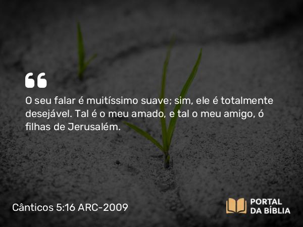 Cânticos 5:16 ARC-2009 - O seu falar é muitíssimo suave; sim, ele é totalmente desejável. Tal é o meu amado, e tal o meu amigo, ó filhas de Jerusalém.