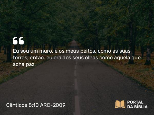 Cânticos 8:10 ARC-2009 - Eu sou um muro, e os meus peitos, como as suas torres; então, eu era aos seus olhos como aquela que acha paz.