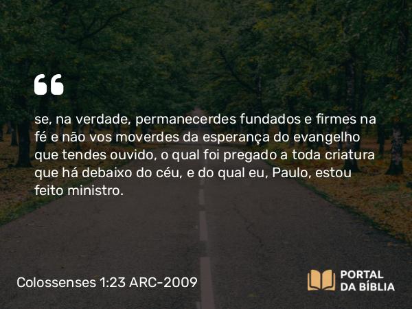 Colossenses 1:23 ARC-2009 - se, na verdade, permanecerdes fundados e firmes na fé e não vos moverdes da esperança do evangelho que tendes ouvido, o qual foi pregado a toda criatura que há debaixo do céu, e do qual eu, Paulo, estou feito ministro.