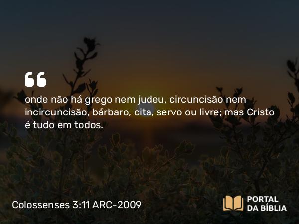 Colossenses 3:11 ARC-2009 - onde não há grego nem judeu, circuncisão nem incircuncisão, bárbaro, cita, servo ou livre; mas Cristo é tudo em todos.