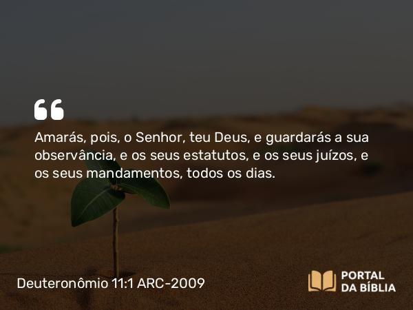 Deuteronômio 11:1 ARC-2009 - Amarás, pois, o Senhor, teu Deus, e guardarás a sua observância, e os seus estatutos, e os seus juízos, e os seus mandamentos, todos os dias.