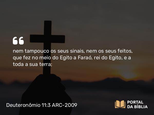 Deuteronômio 11:3 ARC-2009 - nem tampouco os seus sinais, nem os seus feitos, que fez no meio do Egito a Faraó, rei do Egito, e a toda a sua terra;