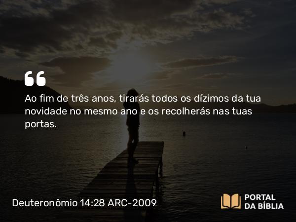 Deuteronômio 14:28 ARC-2009 - Ao fim de três anos, tirarás todos os dízimos da tua novidade no mesmo ano e os recolherás nas tuas portas.