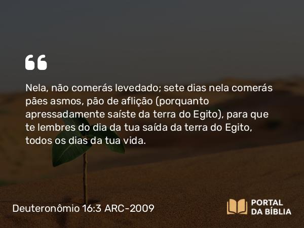 Deuteronômio 16:3-8 ARC-2009 - Nela, não comerás levedado; sete dias nela comerás pães asmos, pão de aflição (porquanto apressadamente saíste da terra do Egito), para que te lembres do dia da tua saída da terra do Egito, todos os dias da tua vida.