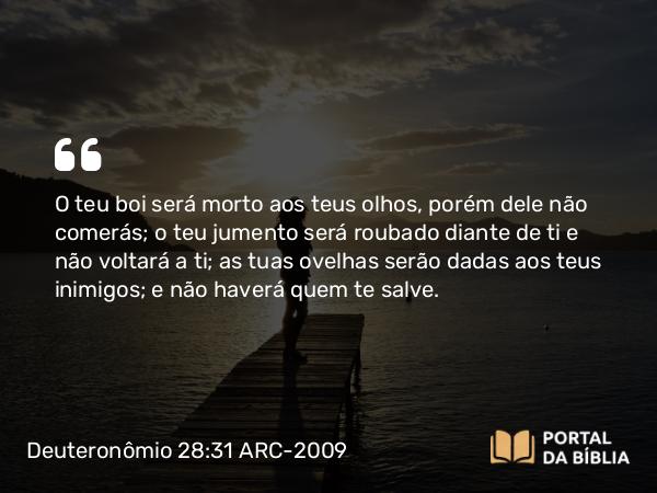 Deuteronômio 28:31 ARC-2009 - O teu boi será morto aos teus olhos, porém dele não comerás; o teu jumento será roubado diante de ti e não voltará a ti; as tuas ovelhas serão dadas aos teus inimigos; e não haverá quem te salve.