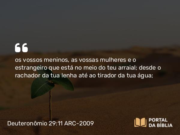 Deuteronômio 29:11 ARC-2009 - os vossos meninos, as vossas mulheres e o estrangeiro que está no meio do teu arraial; desde o rachador da tua lenha até ao tirador da tua água;