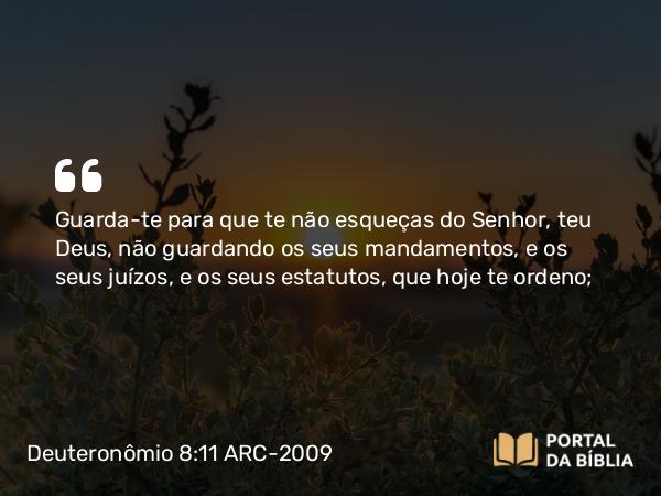 Deuteronômio 8:11 ARC-2009 - Guarda-te para que te não esqueças do Senhor, teu Deus, não guardando os seus mandamentos, e os seus juízos, e os seus estatutos, que hoje te ordeno;