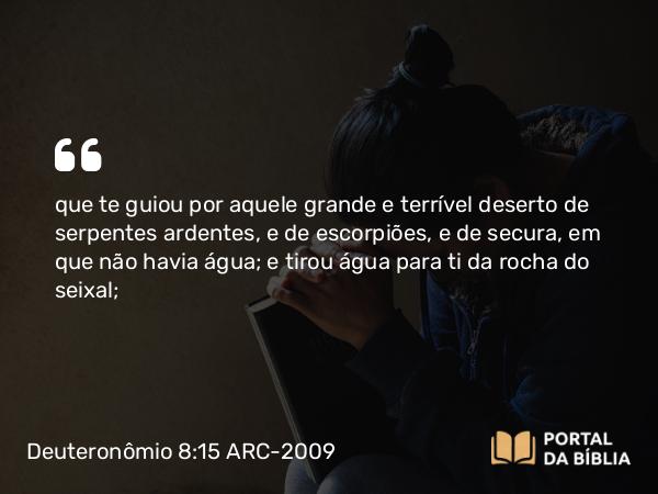 Deuteronômio 8:15 ARC-2009 - que te guiou por aquele grande e terrível deserto de serpentes ardentes, e de escorpiões, e de secura, em que não havia água; e tirou água para ti da rocha do seixal;