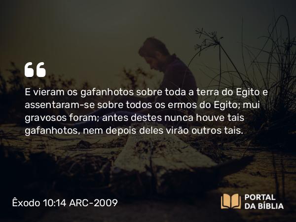 Êxodo 10:14 ARC-2009 - E vieram os gafanhotos sobre toda a terra do Egito e assentaram-se sobre todos os ermos do Egito; mui gravosos foram; antes destes nunca houve tais gafanhotos, nem depois deles virão outros tais.