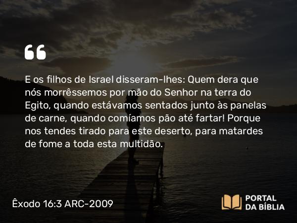 Êxodo 16:3 ARC-2009 - E os filhos de Israel disseram-lhes: Quem dera que nós morrêssemos por mão do Senhor na terra do Egito, quando estávamos sentados junto às panelas de carne, quando comíamos pão até fartar! Porque nos tendes tirado para este deserto, para matardes de fome a toda esta multidão.