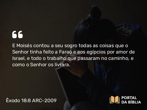 Êxodo 18:8 ARC-2009 - E Moisés contou a seu sogro todas as coisas que o Senhor tinha feito a Faraó e aos egípcios por amor de Israel, e todo o trabalho que passaram no caminho, e como o Senhor os livrara.