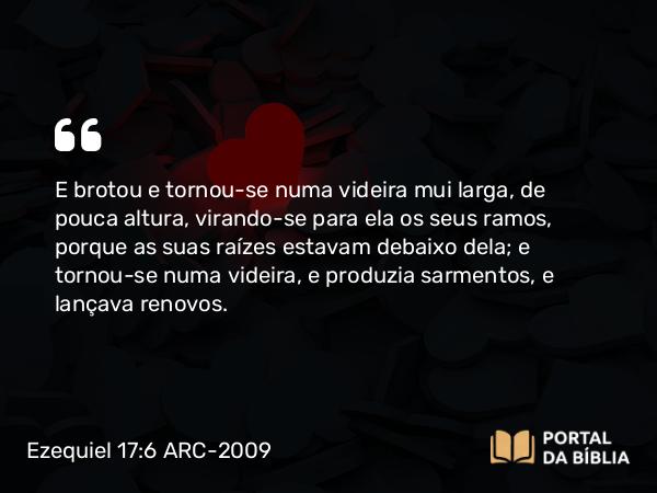 Ezequiel 17:6 ARC-2009 - E brotou e tornou-se numa videira mui larga, de pouca altura, virando-se para ela os seus ramos, porque as suas raízes estavam debaixo dela; e tornou-se numa videira, e produzia sarmentos, e lançava renovos.