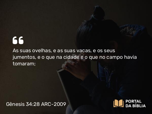 Gênesis 34:28 ARC-2009 - As suas ovelhas, e as suas vacas, e os seus jumentos, e o que na cidade e o que no campo havia tomaram;