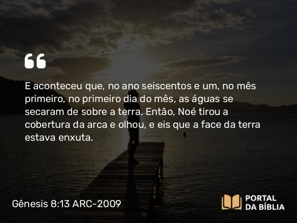 Gênesis 8:13 ARC-2009 - E aconteceu que, no ano seiscentos e um, no mês primeiro, no primeiro dia do mês, as águas se secaram de sobre a terra. Então, Noé tirou a cobertura da arca e olhou, e eis que a face da terra estava enxuta.