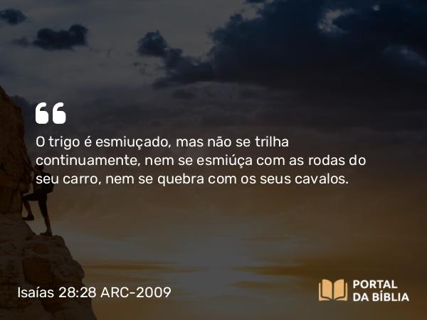 Isaías 28:28 ARC-2009 - O trigo é esmiuçado, mas não se trilha continuamente, nem se esmiúça com as rodas do seu carro, nem se quebra com os seus cavalos.