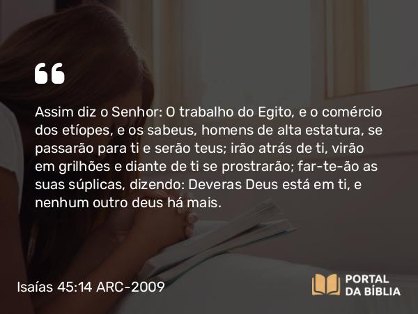 Isaías 45:14 ARC-2009 - Assim diz o Senhor: O trabalho do Egito, e o comércio dos etíopes, e os sabeus, homens de alta estatura, se passarão para ti e serão teus; irão atrás de ti, virão em grilhões e diante de ti se prostrarão; far-te-ão as suas súplicas, dizendo: Deveras Deus está em ti, e nenhum outro deus há mais.