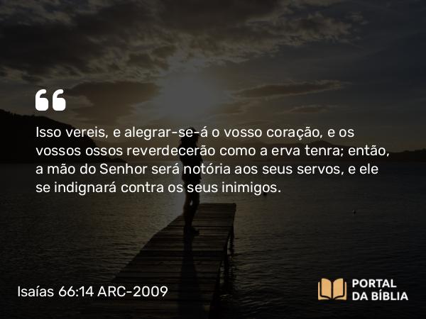 Isaías 66:14 ARC-2009 - Isso vereis, e alegrar-se-á o vosso coração, e os vossos ossos reverdecerão como a erva tenra; então, a mão do Senhor será notória aos seus servos, e ele se indignará contra os seus inimigos.