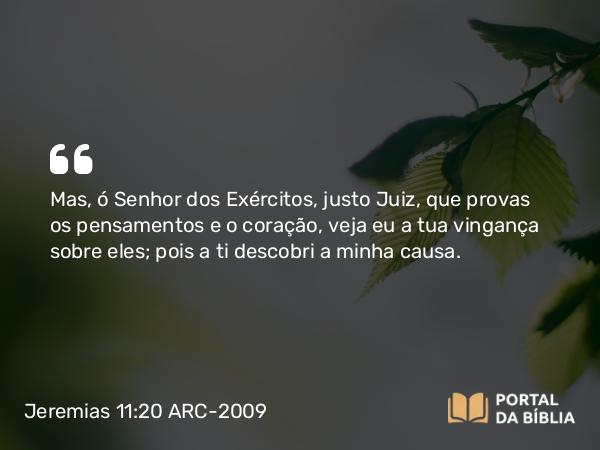 Jeremias 11:20 ARC-2009 - Mas, ó Senhor dos Exércitos, justo Juiz, que provas os pensamentos e o coração, veja eu a tua vingança sobre eles; pois a ti descobri a minha causa.