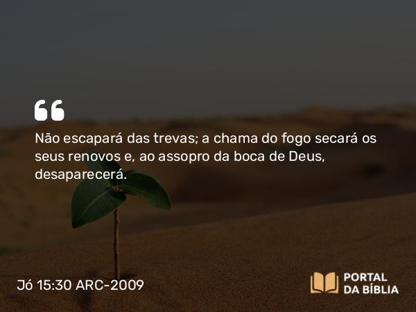 Jó 15:30 ARC-2009 - Não escapará das trevas; a chama do fogo secará os seus renovos e, ao assopro da boca de Deus, desaparecerá.