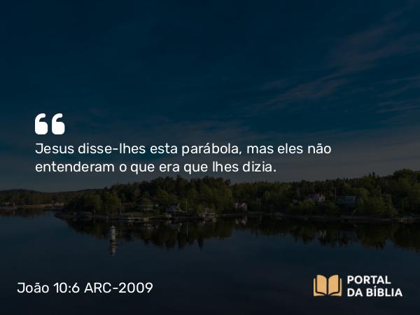 João 10:6 ARC-2009 - Jesus disse-lhes esta parábola, mas eles não entenderam o que era que lhes dizia.