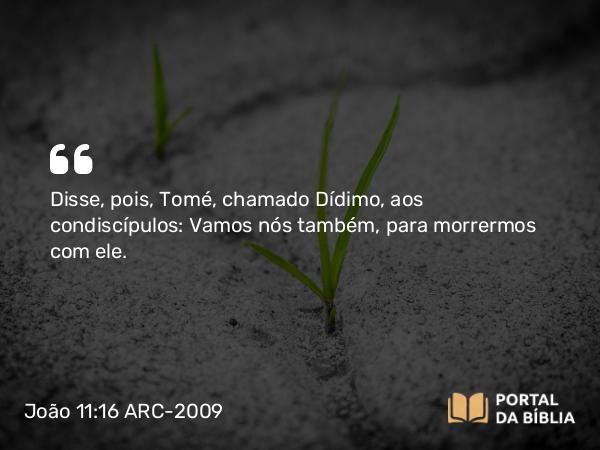 João 11:16 ARC-2009 - Disse, pois, Tomé, chamado Dídimo, aos condiscípulos: Vamos nós também, para morrermos com ele.