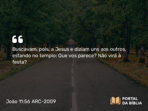 João 11:56 ARC-2009 - Buscavam, pois, a Jesus e diziam uns aos outros, estando no templo: Que vos parece? Não virá à festa?