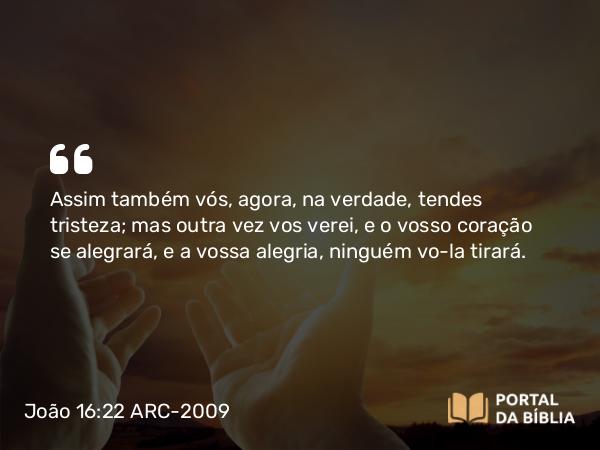 João 16:22 ARC-2009 - Assim também vós, agora, na verdade, tendes tristeza; mas outra vez vos verei, e o vosso coração se alegrará, e a vossa alegria, ninguém vo-la tirará.