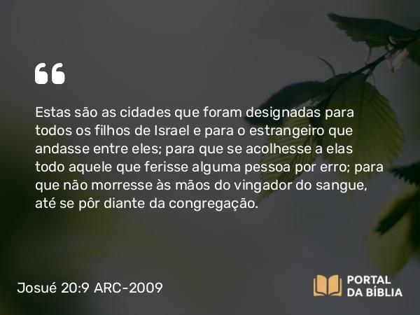 Josué 20:9 ARC-2009 - Estas são as cidades que foram designadas para todos os filhos de Israel e para o estrangeiro que andasse entre eles; para que se acolhesse a elas todo aquele que ferisse alguma pessoa por erro; para que não morresse às mãos do vingador do sangue, até se pôr diante da congregação.