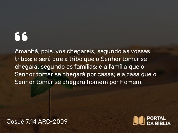 Josué 7:14 ARC-2009 - Amanhã, pois, vos chegareis, segundo as vossas tribos; e será que a tribo que o Senhor tomar se chegará, segundo as famílias; e a família que o Senhor tomar se chegará por casas; e a casa que o Senhor tomar se chegará homem por homem.