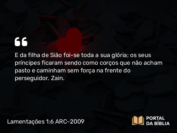 Lamentações 1:6 ARC-2009 - E da filha de Sião foi-se toda a sua glória; os seus príncipes ficaram sendo como corços que não acham pasto e caminham sem força na frente do perseguidor. Zain.