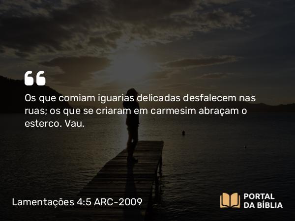 Lamentações 4:5 ARC-2009 - Os que comiam iguarias delicadas desfalecem nas ruas; os que se criaram em carmesim abraçam o esterco. Vau.