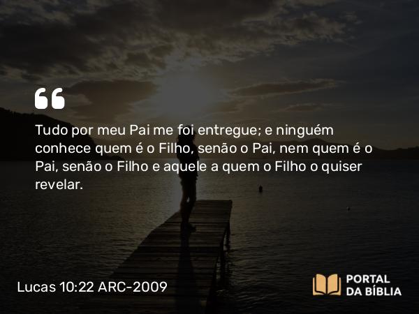 Lucas 10:22 ARC-2009 - Tudo por meu Pai me foi entregue; e ninguém conhece quem é o Filho, senão o Pai, nem quem é o Pai, senão o Filho e aquele a quem o Filho o quiser revelar.