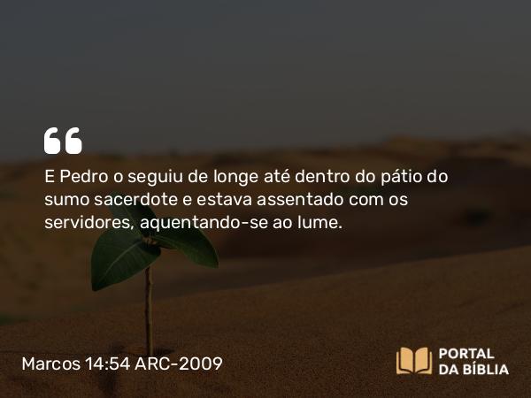 Marcos 14:54 ARC-2009 - E Pedro o seguiu de longe até dentro do pátio do sumo sacerdote e estava assentado com os servidores, aquentando-se ao lume.