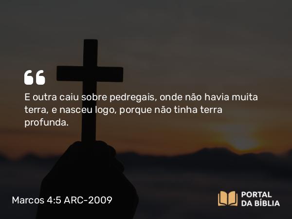 Marcos 4:5 ARC-2009 - E outra caiu sobre pedregais, onde não havia muita terra, e nasceu logo, porque não tinha terra profunda.