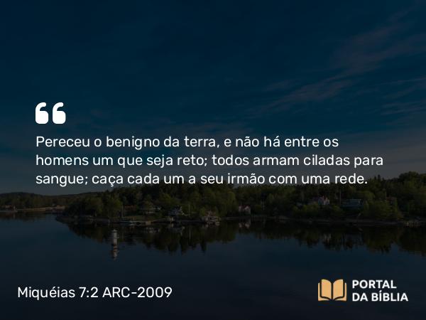 Miquéias 7:2 ARC-2009 - Pereceu o benigno da terra, e não há entre os homens um que seja reto; todos armam ciladas para sangue; caça cada um a seu irmão com uma rede.