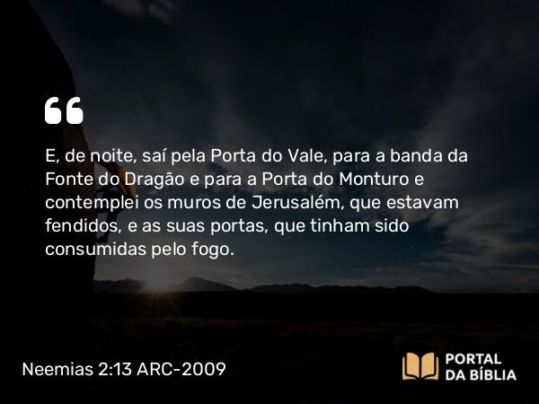 Neemias 2:13 ARC-2009 - E, de noite, saí pela Porta do Vale, para a banda da Fonte do Dragão e para a Porta do Monturo e contemplei os muros de Jerusalém, que estavam fendidos, e as suas portas, que tinham sido consumidas pelo fogo.