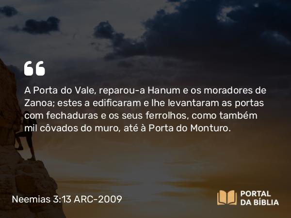 Neemias 3:13 ARC-2009 - A Porta do Vale, reparou-a Hanum e os moradores de Zanoa; estes a edificaram e lhe levantaram as portas com fechaduras e os seus ferrolhos, como também mil côvados do muro, até à Porta do Monturo.