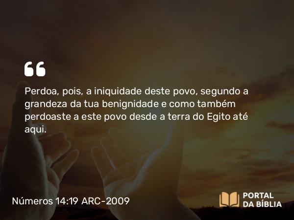 Números 14:19 ARC-2009 - Perdoa, pois, a iniquidade deste povo, segundo a grandeza da tua benignidade e como também perdoaste a este povo desde a terra do Egito até aqui.