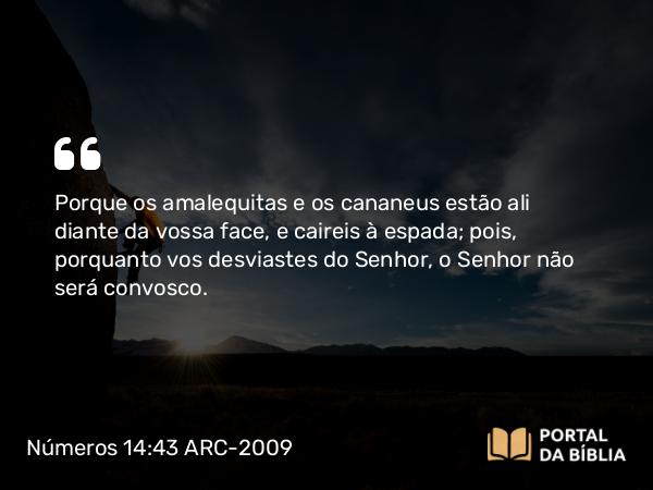 Números 14:43 ARC-2009 - Porque os amalequitas e os cananeus estão ali diante da vossa face, e caireis à espada; pois, porquanto vos desviastes do Senhor, o Senhor não será convosco.