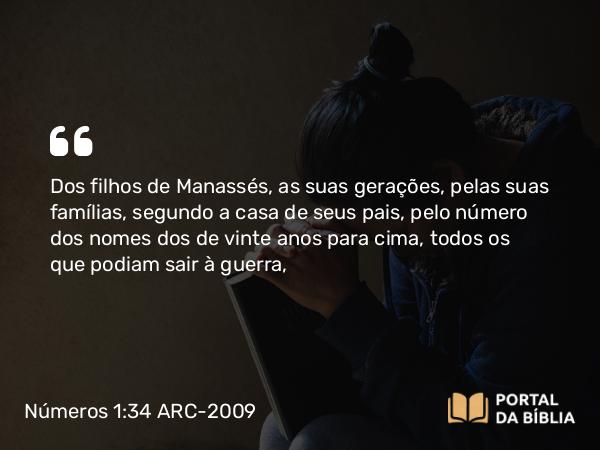 Números 1:34 ARC-2009 - Dos filhos de Manassés, as suas gerações, pelas suas famílias, segundo a casa de seus pais, pelo número dos nomes dos de vinte anos para cima, todos os que podiam sair à guerra,